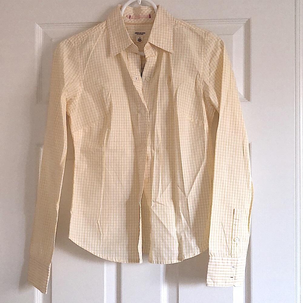 NWT AE Favourite Fit Yellow & White Check Cotton Button Up Shirt